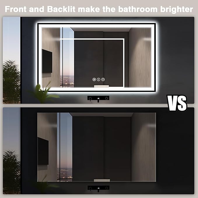 60x30 Large LED Bathroom Vanity Mirror -Black Aluminum Framed (Front and Backlit),Anti-Fog Illuminated Bathroom Mirror,Stepless 3 Colors Dimmable LED Smart Mirror(Horizontal/Vertical)