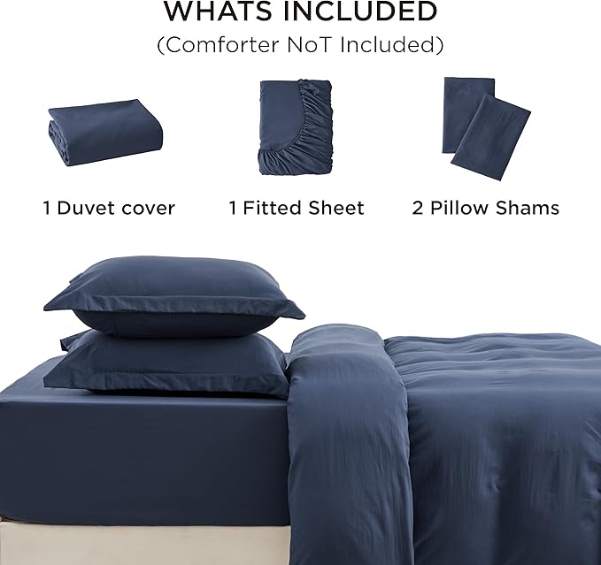 Bedsure Duvet Cover King Size with Fitted Sheet - 4 Pieces Prewashed Polyester Extra Soft Bedding Set, Includes 1 Duvet Cover 104x90 Inches with Zipper Closure, 2 Pillow Shams, 1 Fitted Sheet, Navy