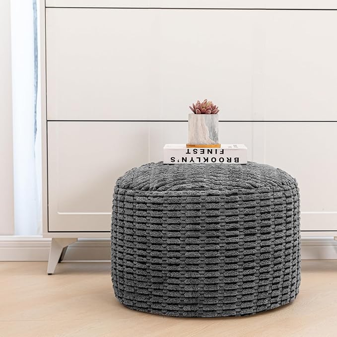 Stuffed Pouf Ottoman with Modern High-Density Foam Faux Fur Poufs Pouf Stool Round Foot Stool Cushion Storage Ottoman 20 * 12''Floor Poufs Ottoman Foot Rest for Living Room (Dark Grey)