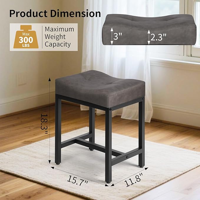 Saddle Seat Vanity Stool, Makeup Stool Chair with Metal Leg, U-Shaped Leather Ottoman Foot Rest Stool, Small Square Chairs Under Desk for Vanity, Living Room, Bedroom, Modern Makeup Bench Grey&Black
