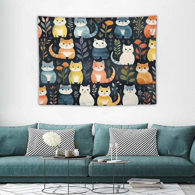 VUMIVI Cartoon Abstract Cat Tapestry Fun Cute Animals Plants Bohemian Modern Art Color Illustration Tapestry Wall Hanging for Living Room Bedroom Dorm Classroom Aesthetic Decor W40xL30in