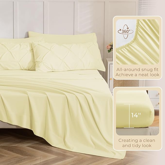 Sasttie King Size Comforter Set, 7-Piece Bed in a Bag, Pintuck Bedding Set for All Season, Includes Comforter, Flat Sheet, Fitted Sheet, Pillowcases and Pillowshams, Cream Yellow