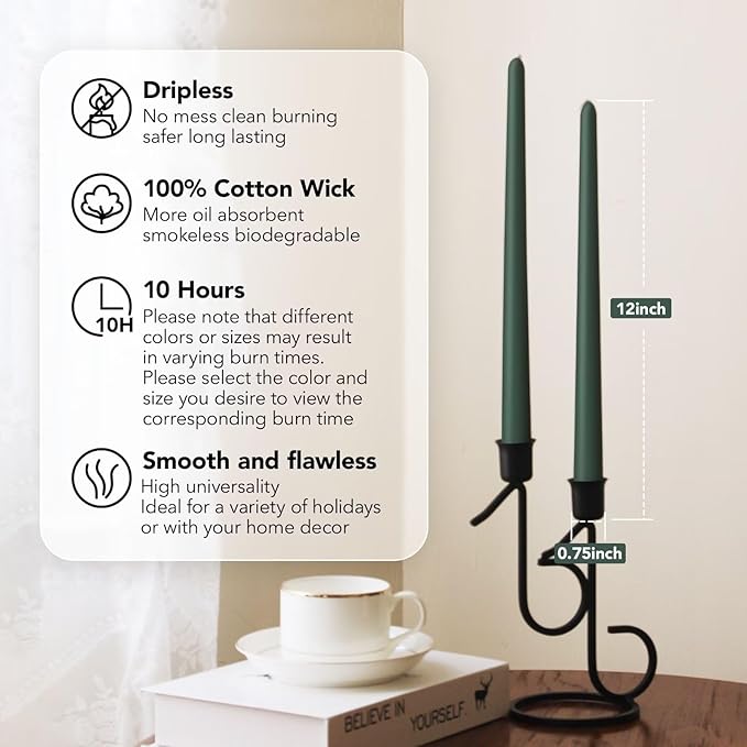 New Burning Formula Unscented Dripless 12-Inch Taper Candles Set of 12 - Dark Green, for Wedding, Dinner - Smokeless, Long Burning - Hand Poured, Colored Tall Candlesticks - Verde Oscuro