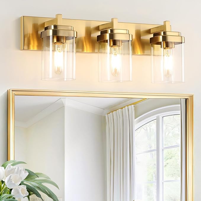 Vanity Light Fixture,3-Light Vanity Light for Bathroom,Brushed Gold Bathroom Vanity Lighting Over Mirror with Square Clear Glass Shade for Restroom