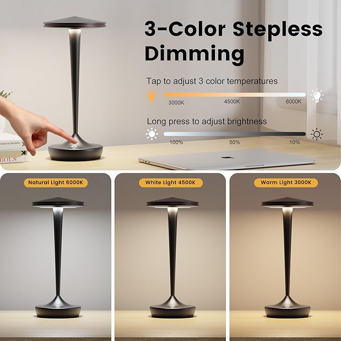 Cordless Lamp Rechargeable LED Table Light,48Hrs Battery Operated Table Lamp,Potable Lamp with Stepless Dimming and Waterproof Lamp for Kitchen,Dining,Shower,Outdoor Patio,Camping (1PBlack)