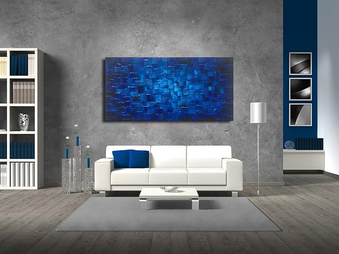 MyArton Textured Abstract Squares Canvas Wall Art Hand Painted Modern Dark Blue Oil Painting Picture for Home Decoration Ready to Hang 40x20inch