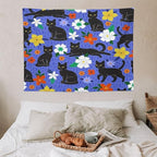 VUMIVI Black Cat Floral Tapestry Red White Hand-Painted Flowers Cute Animals Kids' Doodles Tapestry Wall Hanging for Living Room Bedroom Dorm Classroom Aesthetic Decor W40xL30in