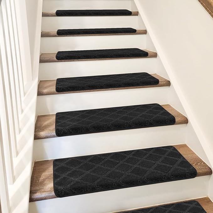 PURE ERA Bullnose Carpet Stair Treads Tape Free Non-Slip Indoor Stair Protectors Pet Friendly Stair Treads for Wooden Steps 9.5" x 30"(14 Pieces,Black Diamond Trellis)