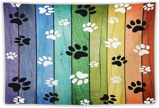 VUMIVI Dog Paw Tapestry Vintage Rustic Colorful Barn Boards Black White Animal Footprints Tapestry Wall Hanging for Living Room Bedroom Dorm Classroom Aesthetic Decor W60xL40in