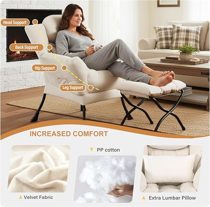 Lazy Chair with Ottoman, Modern Accent Chair with Lumbar Pillow, Velvet Beige Sofa, Lounge Chairs with Folding Footrest, Oversized Supportive Chairs for Bedroom, Reading