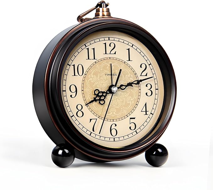Vintage Analog Alarm Clock, 4.3" Silent Non-Ticking Quartz Desk Clock, Battery Operated Table Clock for Bedroom, Living Room, Office, or Gift