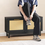 HOOBRO Shoe Storage Bench Entryway, Rattan-Like Shoe Bench with Flip Drawers, Narrow Shoes Rack Cabinet with Rattan Doors, Wooden Organizer for Entryway Hallway, Black BN51HX01