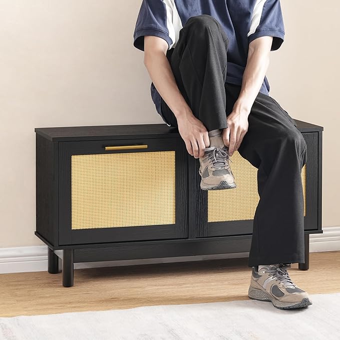 HOOBRO Shoe Storage Bench Entryway, Rattan-Like Shoe Bench with Flip Drawers, Narrow Shoes Rack Cabinet with Rattan Doors, Wooden Organizer for Entryway Hallway, Black BN51HX01