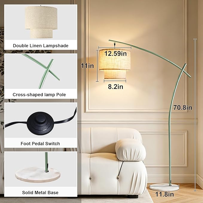 Lightdot Arc Floor Lamp for Living Room, Modern Standing Tall Lamps with Double Linen Lampshade, Tall Hanging Pole Lamp with Bulb Included for Bedroom Sofa Beside/Corner Decor - Grayish Green