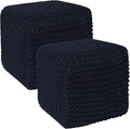 REDEARTH · Square Hand Knitted Pouf - Foot Stool Ottoman Coffee Table - Cotton Cord Boho Pouffe - Poof Accent Footrest for Living Room - Bedroom - Library (16" x 16" x 16") - Navy Blue, Set of 2