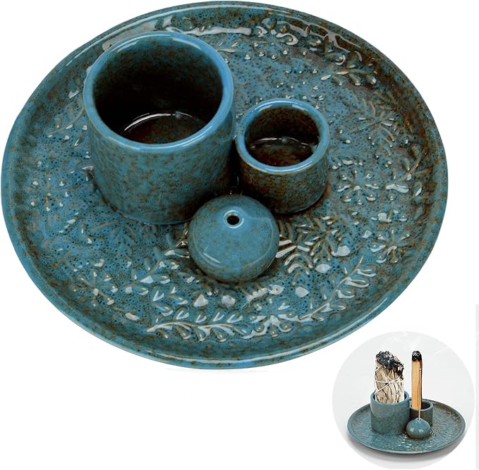 Ceramic Incense Holder Set with Decorative Tray, White, Intricate Pattern Design, 5.9x5.9x2 Inch, for Sticks, Cones, Palo Santo, Sage (Blue)