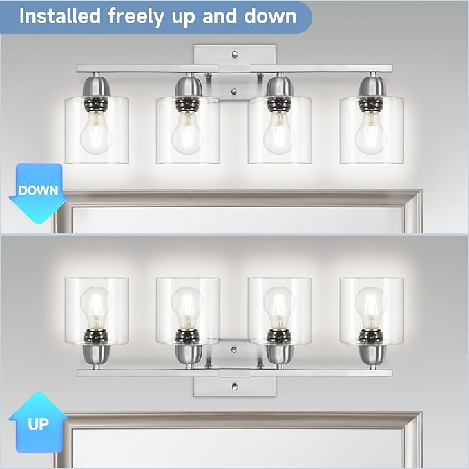 Modern Brushed Nickel 4 Light Bathroom Light Fixtures, 24 inch Vanity Lights for Bathroom with Clear Glass, Vanity Lights for Mirror Kitchen Living Room Hallway Cabinet Porch