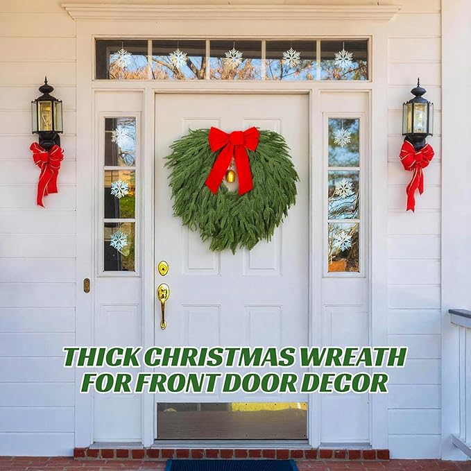 24" Norfolk Pine Wreath, Artificial Christmas Wreaths, Real Touch Green Winter Garland for Front Door Wall Indoor Outdoor Christmas Holiday Decor, with Bow & Bell, FF12