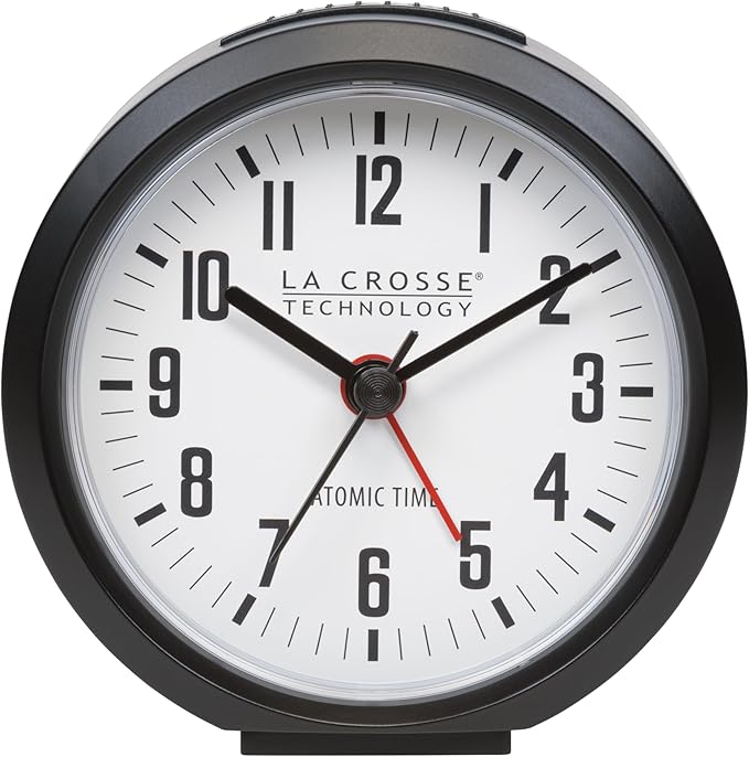 La Crosse Technology 617-710B-INT 4-Inch Round Black Atomic Analog Alarm Clock