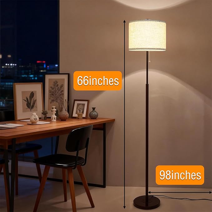 Modern Floor Lamp for Living Room with Beige Shade, Pull Chain Switch, 66" Tall Industrial Floor Lamps Reading with Marble Base for Bedroom Office (9W LED Bulb Included) -Black