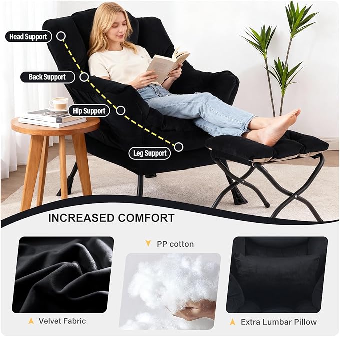Lazy Chair with Ottoman, Modern Accent Chair with Lumbar Pillow, Velvet Black Sofa, Lounge Chairs with Folding Footrest, Oversized Supportive Chairs for Bedroom, Reading