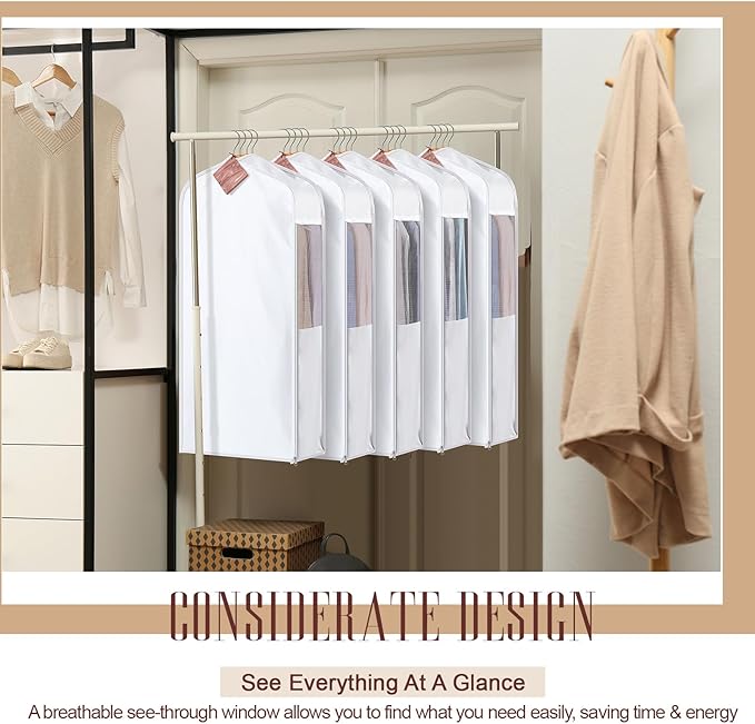 2 Set 40in Short Cotton Garment Bags, 10in Wide Gusset Hanging Storage Clothes with 8 Cedar Blocks, Transparent Mesh Window, Breathable Closet Bags for Fur Coat Suit Sweater Dress, White