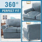 H.VERSAILTEX Sofa Cover 3 Piece Sofa Slipcovers Thick Velvet Couch Cover Furniture Protector Stretch Sofa Covers for 2 Cushion Couch with 2 Individual T Cushion Covers Washable, Stone Blue