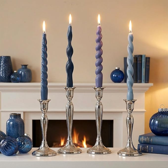 Nuanchu 4 Pcs 7.87 Inch Twisted Taper Candles Wax Unscented Smokeless Spiral Swirl Candlesticks for Wedding Holiday Dinner Party Home Decorations(Blue,Pure)