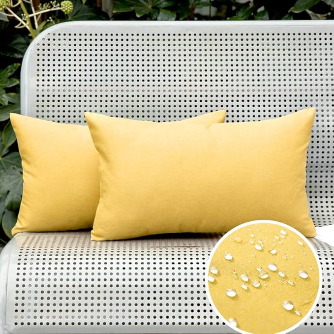 MIULEE Pack of 2 Decorative Outdoor Solid Waterproof Throw Pillow Covers Faux Linen Garden Farmhouse Cushion Cases for Summer Patio Tent Balcony Couch Sofa 20x12 Inch Yellow