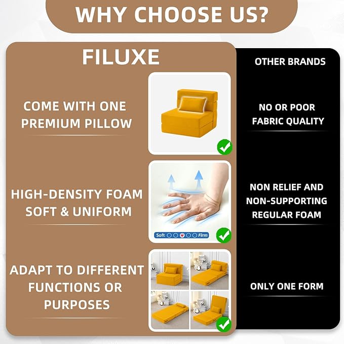 FILUXE Convertible Folding Sofa Bed-Sleeper Chair with Pillow, Modern Linen Fabric Floor Futon Couch, Foldable Mattress for Living Room/Dorm/Guest Use/Home Office/Apartment,Single Size,Orange
