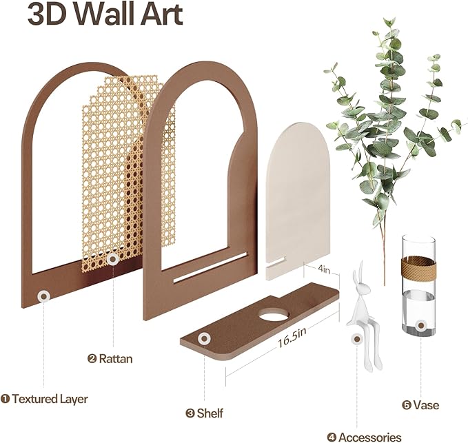 Troartos 3D Textured Boho Neutral Wall Art Decor With Shelf, Modern Beige and Brown Artwork for Walls With Green Accent, Minimalist Wall Decor for Living Room, Hallway, Kitchen, Bedroom, Office 24x24