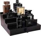 Black Cologne Organizer for Men - 4 Tier Wooden Perfume Display Stand with Drawer and Hidden Compartment for Organizing and Storing, Cologne Holder Shelf for Dresser