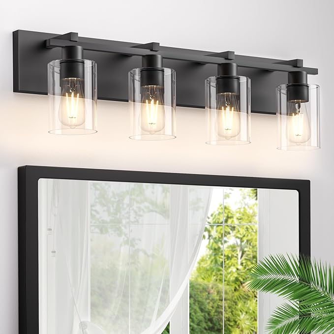 Espird Bathroom Vanity Light,4 Light Matte Black Light Fixture with Thickened Clear Glass Shade, 30 inch Modern Wall Sconce, Bathrooms Vanity Light Over Mirror for Bathroom