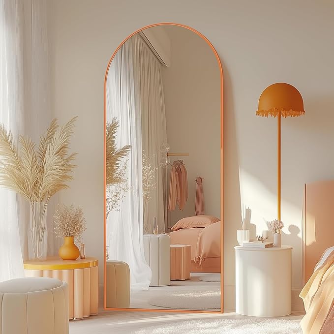 Antok Full Length Mirror, 58"x18" Floor Mirror, Arched Floor Standing Freestanding Arch Full Body Mirrors with Stand for Bedroom, Hanging Mounted for Living Room Cloakroom,Orange
