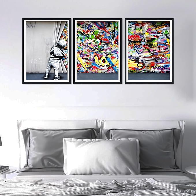 Novatique Banksy Canvas Wall Art Modern Street Wall Art Behind the Curtain Painting Framed Print Graffiti Art Wall Decor for Living Room Bedroom,16" x 24" x 3pcs