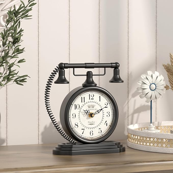 Vintage Table Clock, Desk and Shelf Decor Clock, Black Antique Telephone Style Mantel Clocks, for Living Room, Farmhouse, Bedroom, Bedside, Gift (7.3" H x 7.3" W)