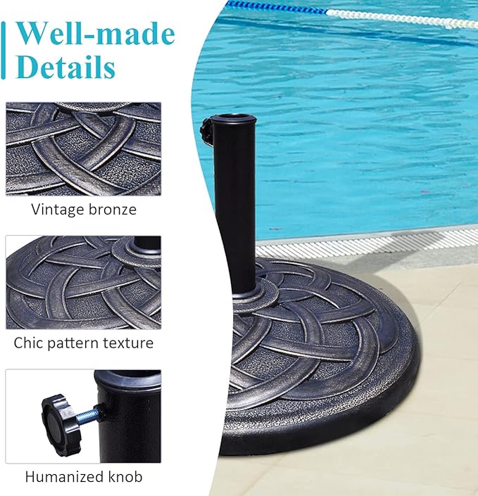Tangkula 43 lbs Heavy Duty Resin Umbrella Base, Round Parasol Holder with Adjustable Knob for Φ1.5-Φ1.9 Pole, with Beautiful Decorative Pattern, Easy Setup