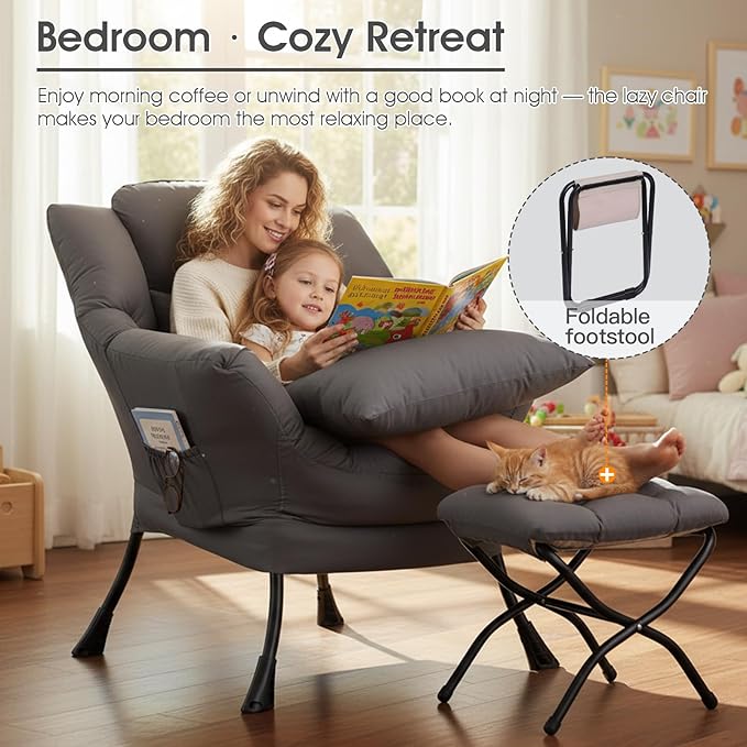 Lazy Chair with Ottoman, Large Lounge Accent Chair with Ottoman and a Throw Pillow, Dark Grey Reading Chair for Living Room Bedroom Dorm Room Office Apartment Relaxing Use