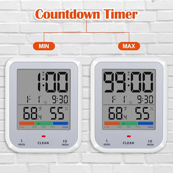 Geevon Digital Bathroom Clock, Waterproof Shower Timer with Large Touch Screen, Battery Operated Bathroom Wall Clock with Temperature & Humidity Display - Suction Cup/Hanging Hole/Stand (Silver)