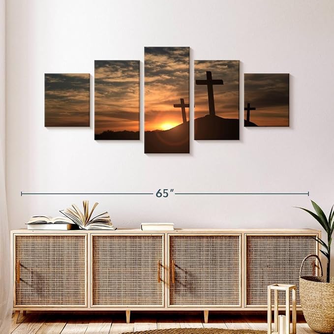 ElephantStock Cross Silhouettes Wall Art Multi Piece Canvas - 5 Panel Christian Pictures Decor - Digital Design Canvas Print - Christian Wall Decor - 55" X 24"