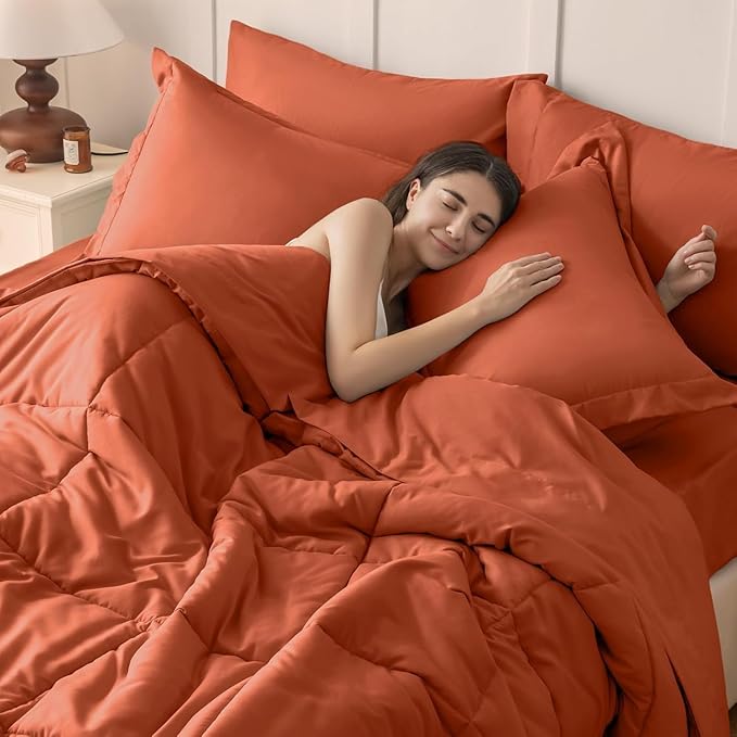 JOLLYVOGUE Twin Comforter Set, Ultra-Soft Bed in a Bag Twin Size 5 Pieces, Oeko-TEX Certified Bedding Set with Down Alternative Comforter, Sheets, Pillowcases & Shams. Burnt Orange