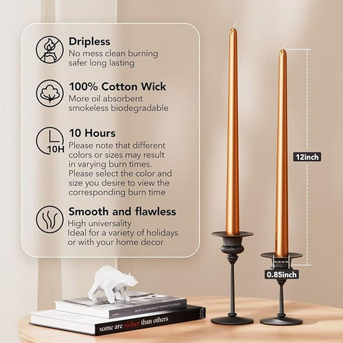 12-Inch Tall Dripless Taper Candles Set of 4 - Metallic Copper Tapered Candles, Perfect for Christmas - Smokeless, Unscented, Long Burning - Hand Poured, Colored Tall Candlesticks