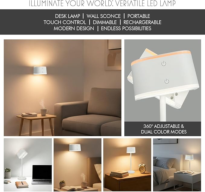 2 Pack Dual-Tone Rechargeable Cordless Desk Lamp – White Portable Table Light, Type-C Charging Table lamp, Touch Control, 3 Color Temps, Stepless Dimming for Reading Study Bedside