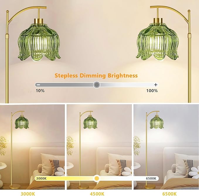 Glass Floor Lamp for Living Room,Bedroom,Gold Dimmable Standing Lamp with Remote,Mid Century Modern Brass Tall Lamp Boho Vintage Floor Lamps Arc Green Tulip Flower Floor Light Lamp Bohemian