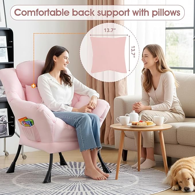 Lazy Chair for Living Room, Large Pink Lounge Accent Chair with a Throw Pillow, Leisure Sofa Chair Set, Comfy Reading Chair for Bedroom, Dorm Room, Office