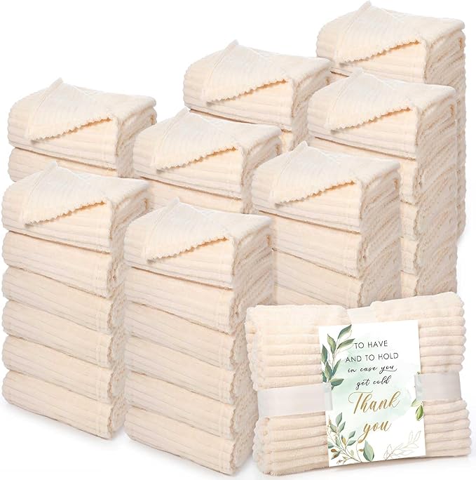 Buryeah 48 Pcs Wedding Flannel Fleece Throw Blanket Bulk with Thank You Card and Ribbon, 50 x 60 in Oeko-TEX Standard 100 Certified Blankets Outdoor Wedding, Guest Party Souvenirs (Ivory)