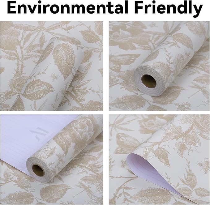 Drawer Liner Contact Paper for Dresser Peel and Stick Wallpaper Sketched Design 15.7x787.4in Self Adhesive Removable Champagne Maroon Rose Floral Butterfly Vintage Cabinet Shelf Renter Friendly