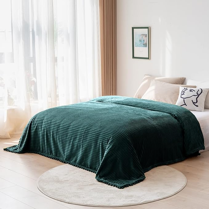 DISSA Fleece Blanket Queen Size – 71x80, Green - Soft, Plush, Fluffy, Fuzzy, Warm, Cozy – Perfect Throw for Couch, Bed, Sofa - with Pompom Fringe - Flannel Blanket