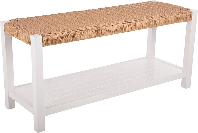 Alaterre Furniture Bench with Handcrafted Woven Rope Seat - Newport Collection 40-Inch Wood Bench with Storage Shelf for Entryway or Bedroom - Indoor Furniture (White)