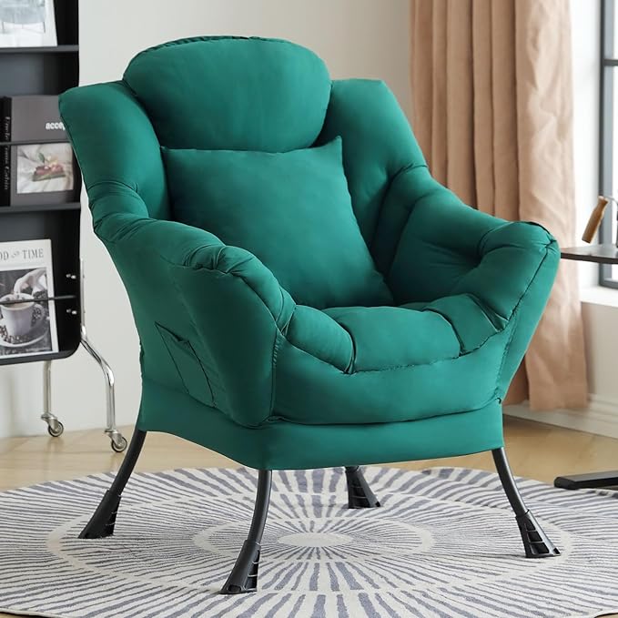 Lazy Chair for Living Room, Large Dark Green Lounge Accent Chair with a Throw Pillow, Leisure Sofa Chair Set, Comfy Reading Chair for Bedroom, Dorm Room, Office